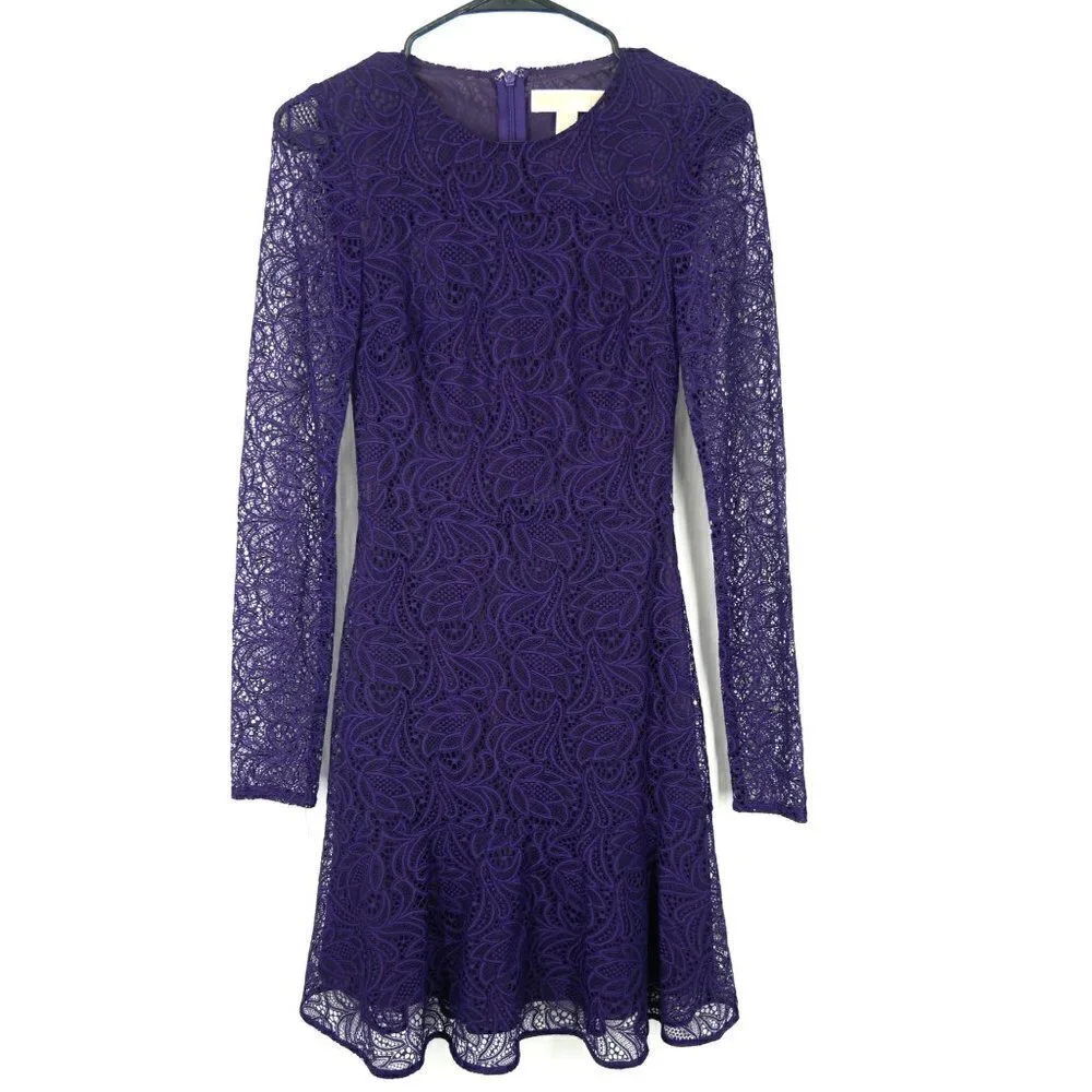 NWT Michael Kors Lace Long Sleeve Skater Dress Purple 2‎